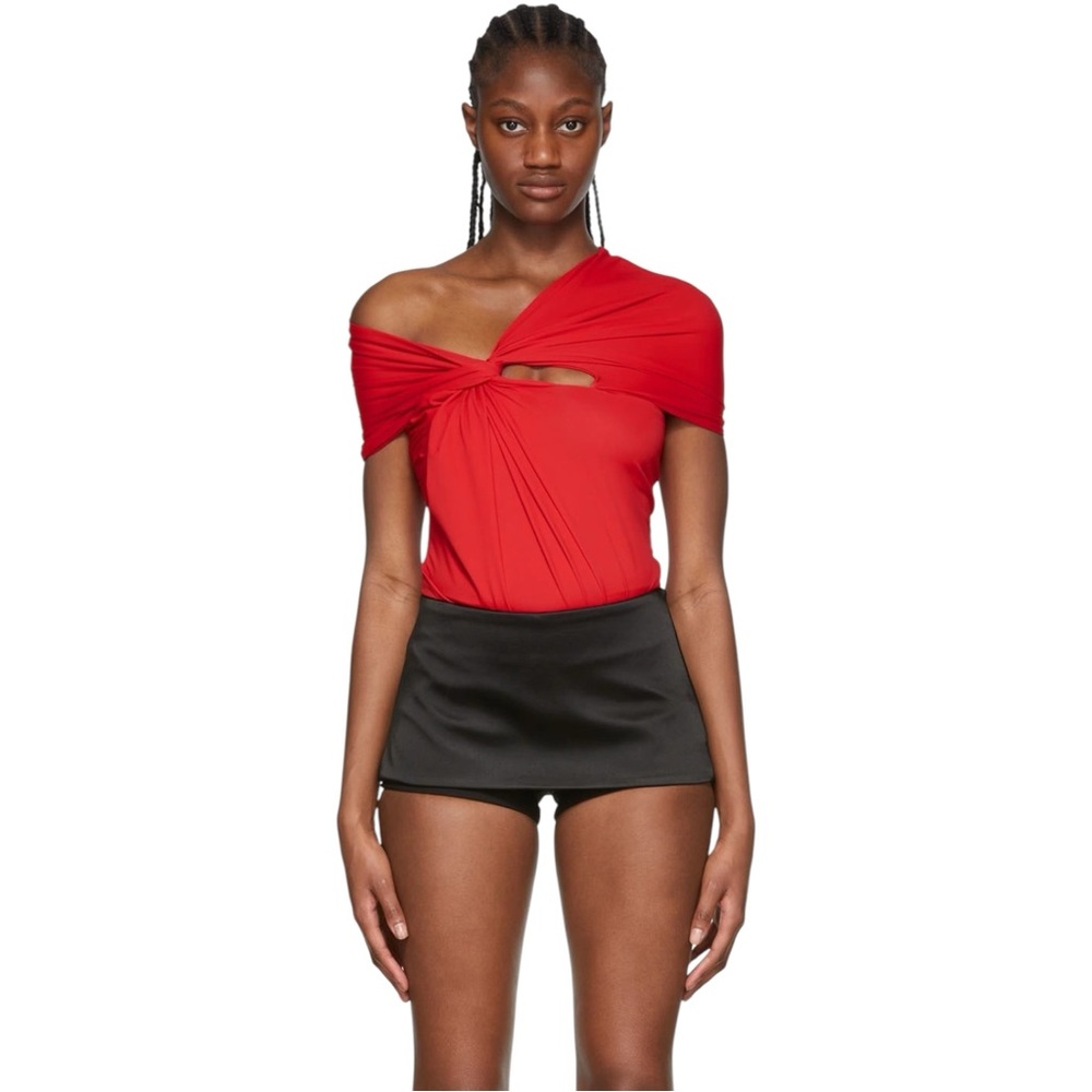 Maximilian Bright Red Nylon Disco Draped Stretchy Off Shoulder Bodysuit